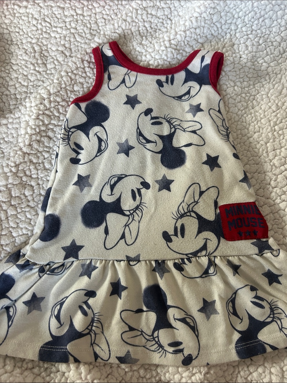 Disney Cream and Navy Minnie Mouse Sleeveless Ruffle Hem Dress with Red Trim